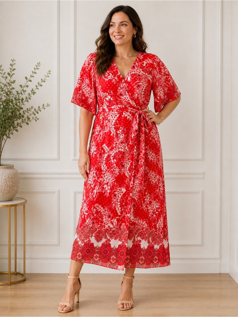 MAREE Pour Toi Red Floral Paisley Wrap Maxi Dress Tie Waist Size 22